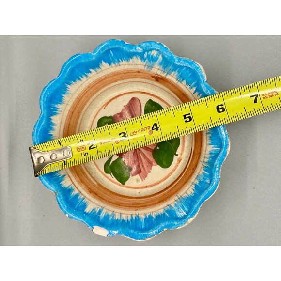 Vintage 6" Oaxacan Drip Ware Fluted Bowl Orange Blue Stripe Flower Hand-Painted - Picture 3 of 6